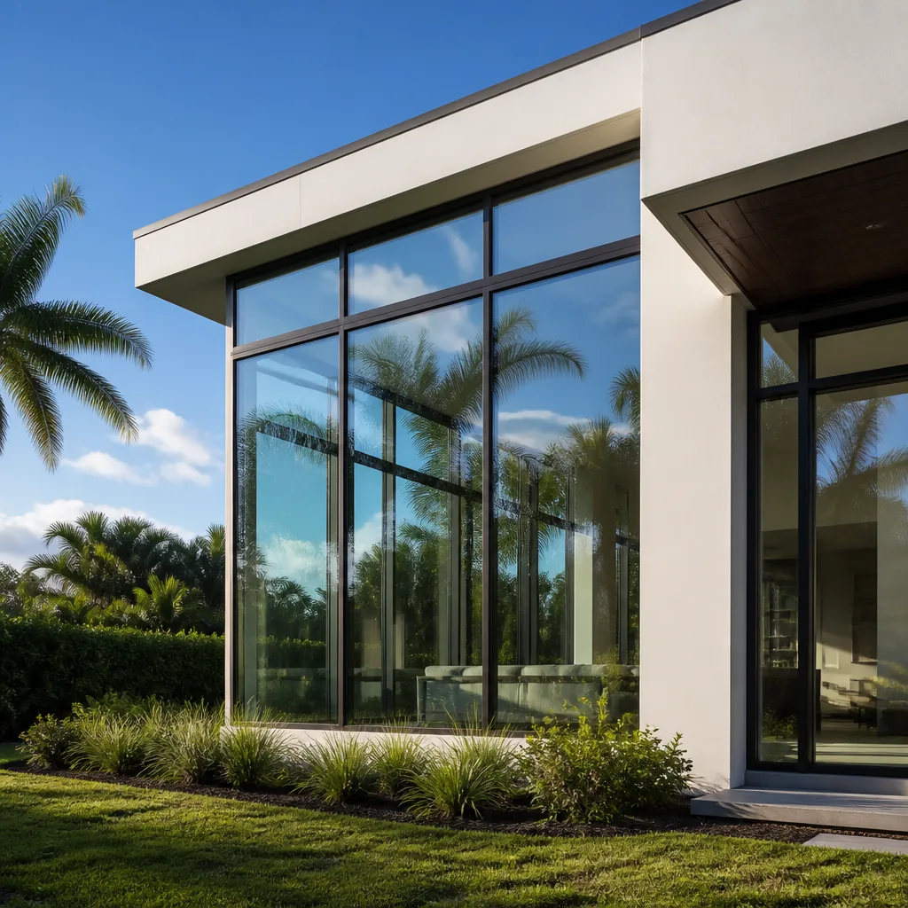 Modern luxury home exterior with floor to ceiling custom geometric windows in Naples, FL