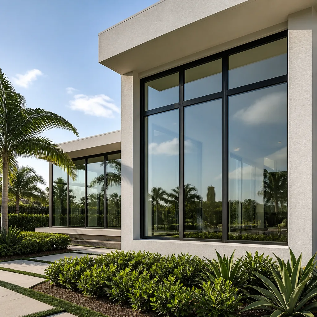Modern luxury home exterior with custom black frame geometric windows in Naples, FL