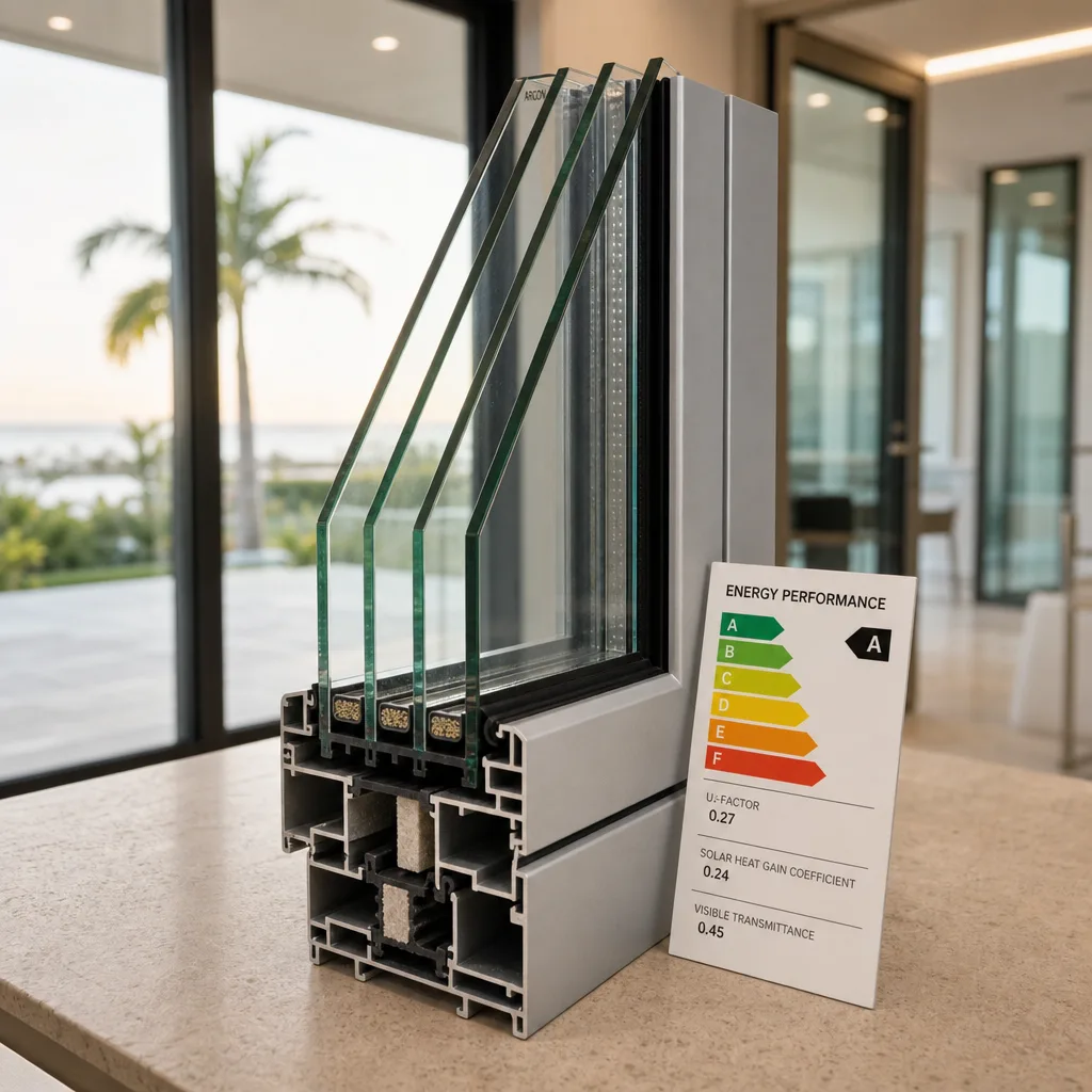 Energy-efficient triple-pane window cross-section showing thermal insulation performance in Naples, FL
