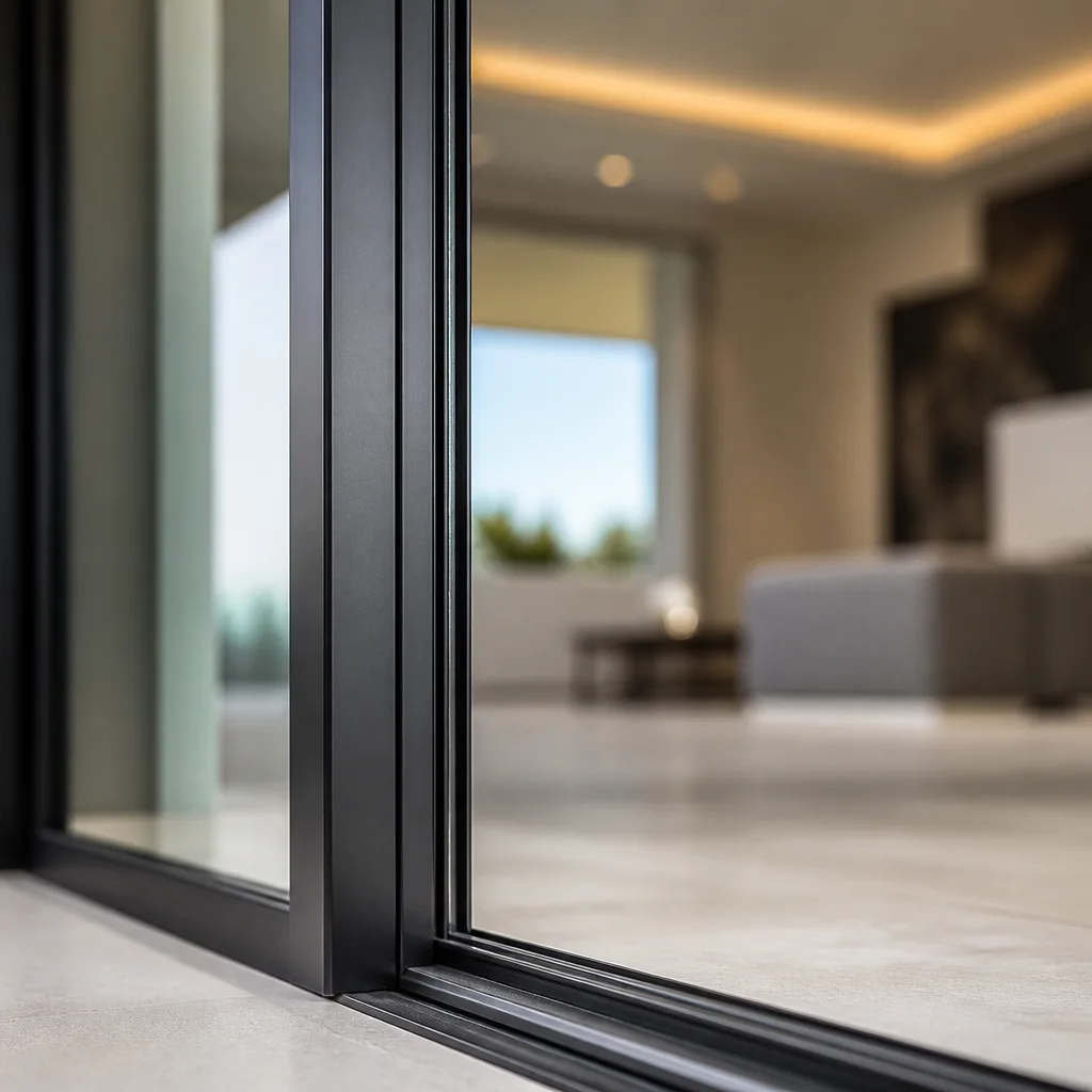 Modern black sliding door frame and track in a luxury home