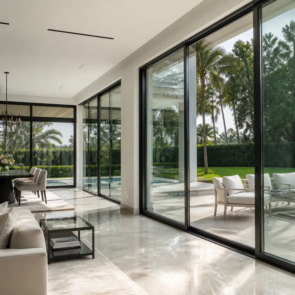 Modern luxury living room with large floor-to-ceiling black-framed impact sliding doors