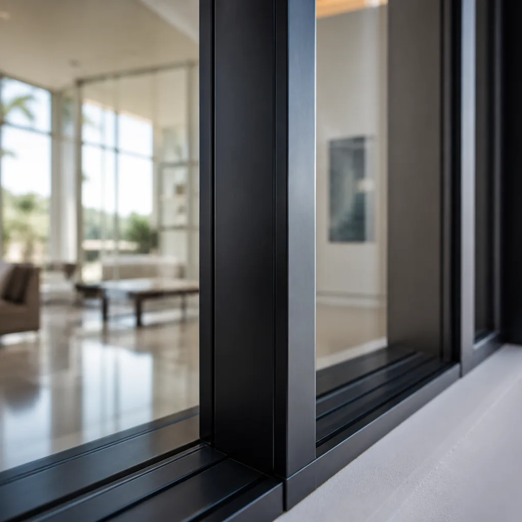 Modern black aluminum window frame and glass panel close-up in Naples, FL
