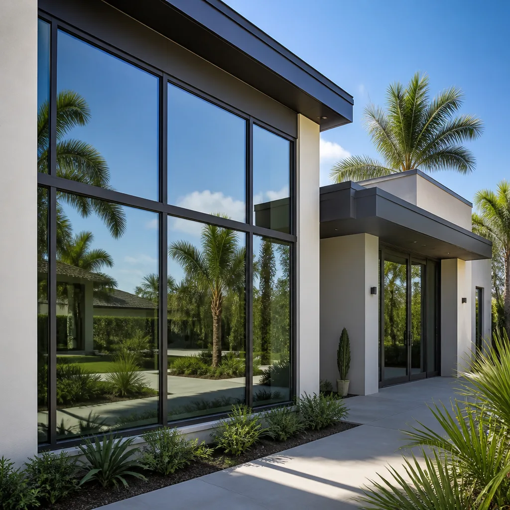 Modern residential sliding glass patio doors with large architectural windows in Naples, FL