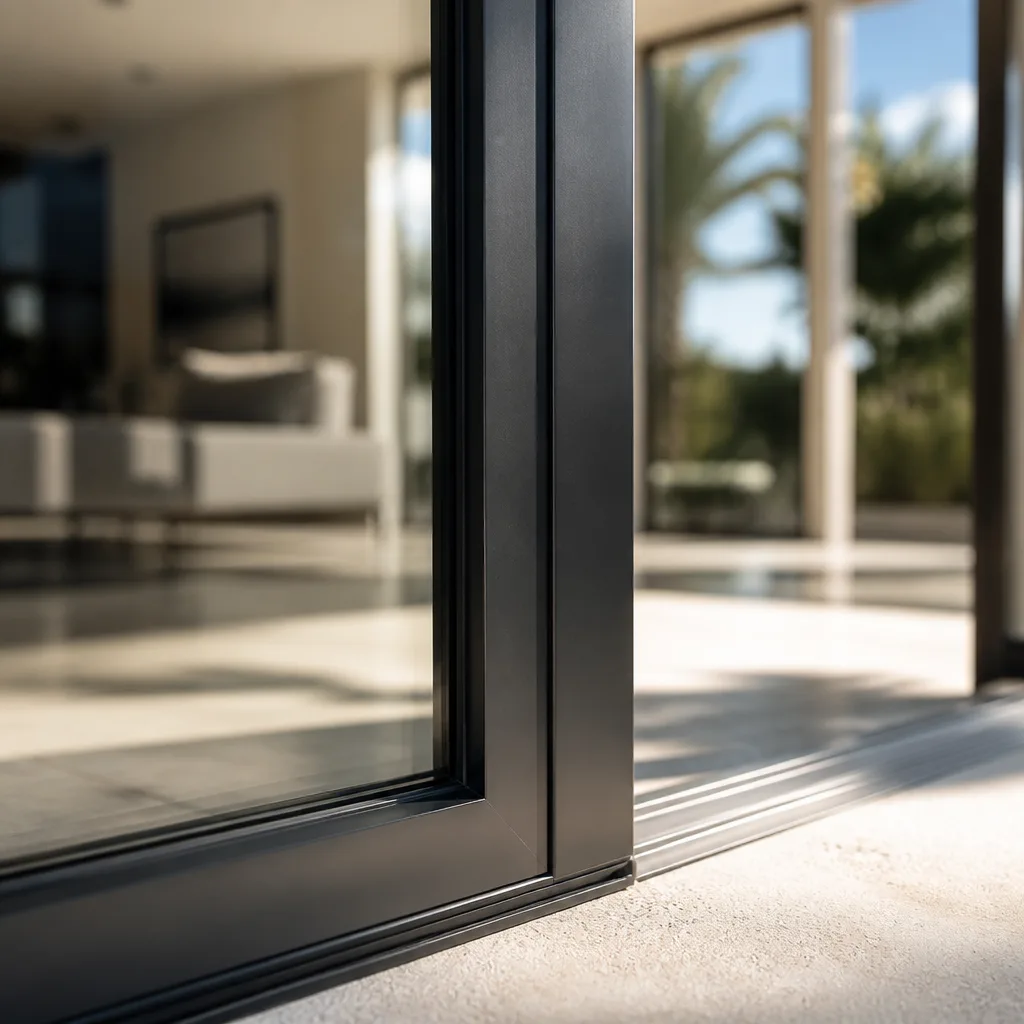 Modern black aluminum sliding glass door frame looking into a living room in Naples, FL