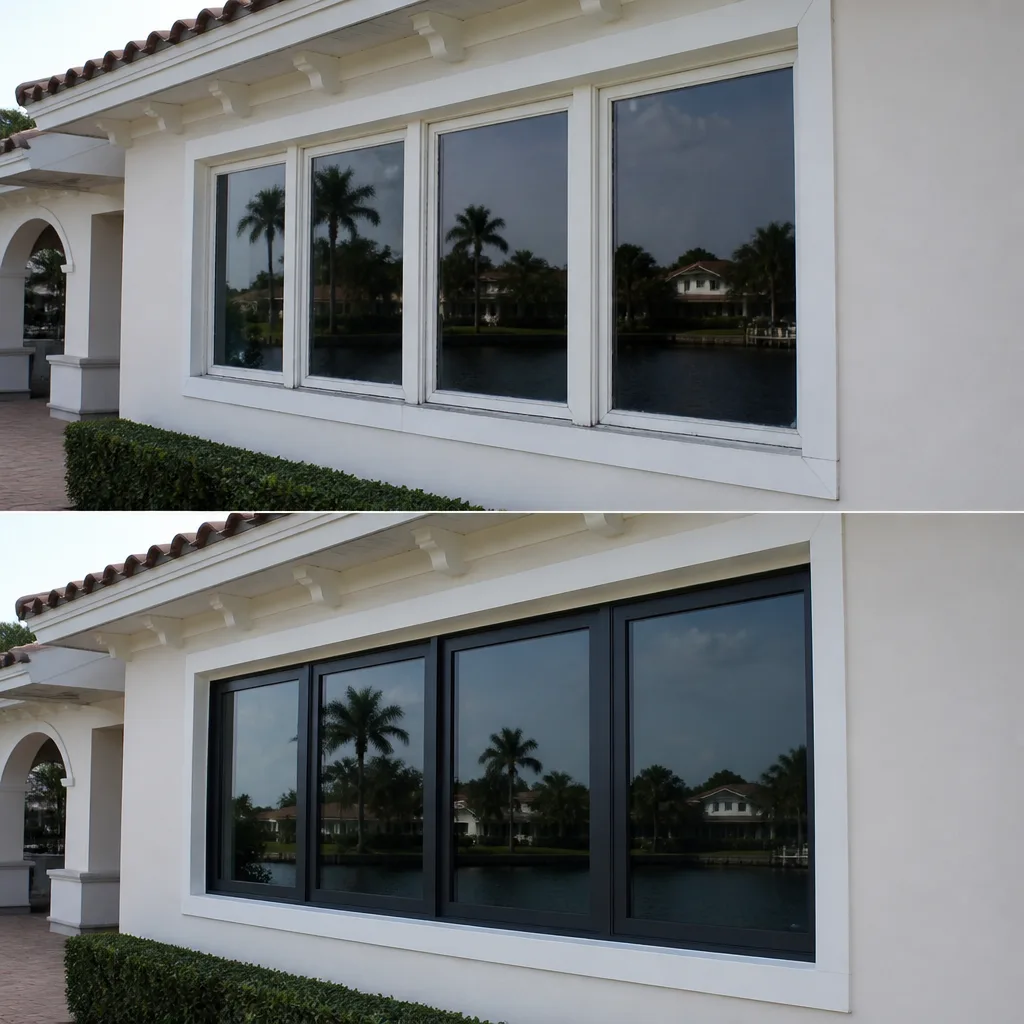 Before and after professional window replacement featuring modern black window frames